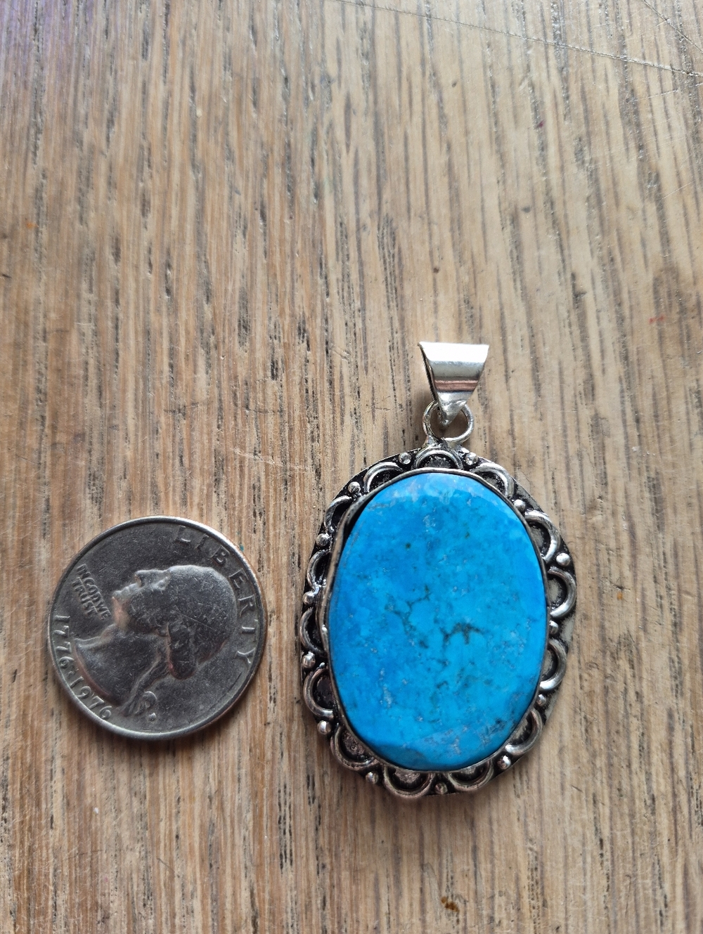 Turquoise Oval Silver Pendant - Bright Blue Stone